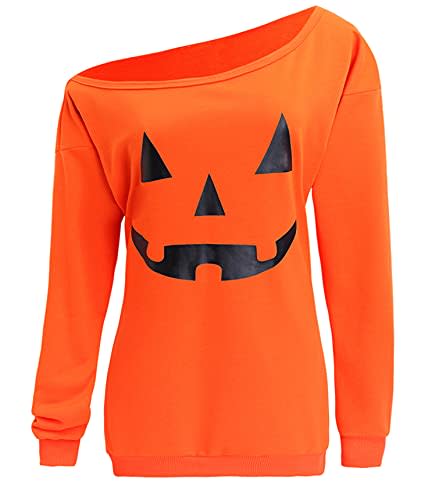 lymanchi Women Slouchy Shirts Halloween Pumpkin Long Sleeve Pullover Sweatshirts Orange XL