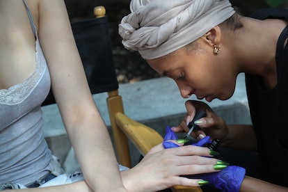 Green chrome nails at Priscavera Spring/Summer 2024 at New York Fashion Week in September 2023.