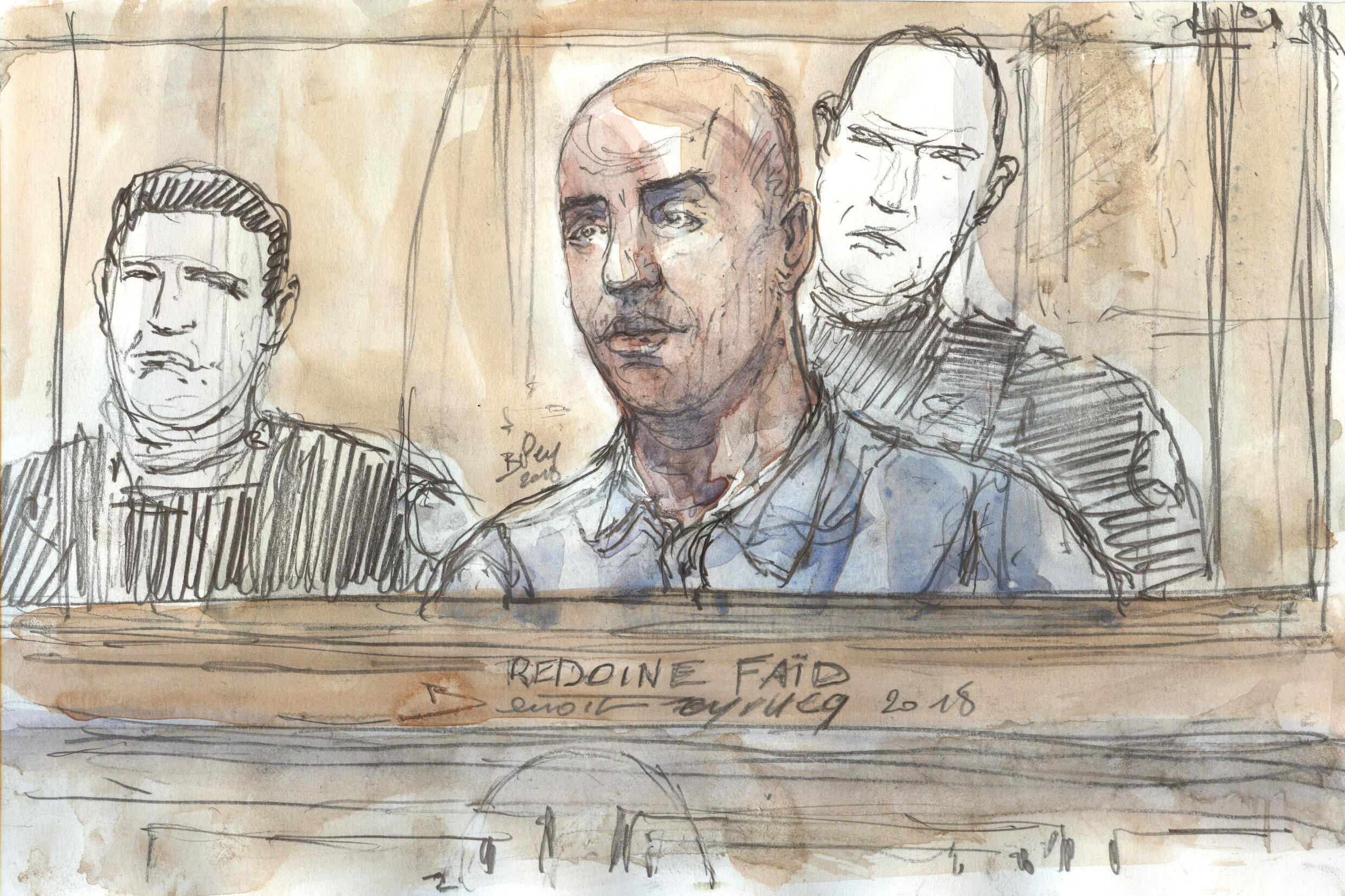 A court sketch shows French armed robber Redoine Faid during his trial in Paris