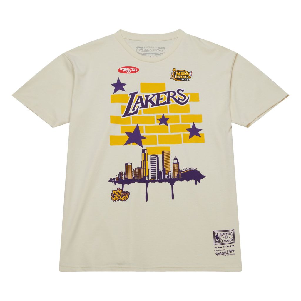 white, purple and yellow t-shirt with lakers graffiti design