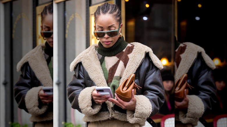 Woman in shearling leather jacket 