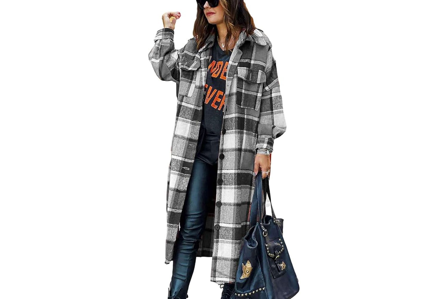 Omoone Button-Up Plaid Long Shacket