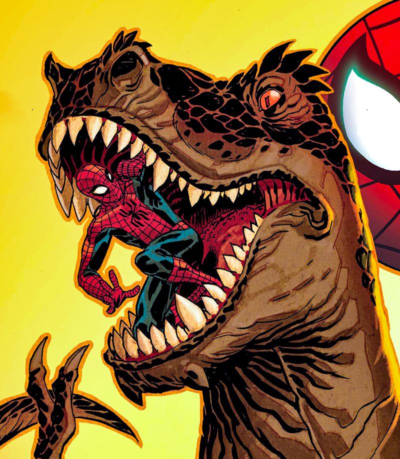 Spider-Man inside T-Rex mouth