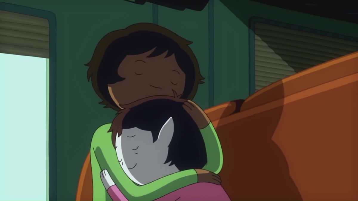 An image of Marceline as a baby and her mom. Her mom has dark skin and Marceline has pale vampire skin. Her mom is holding and hugging her close.