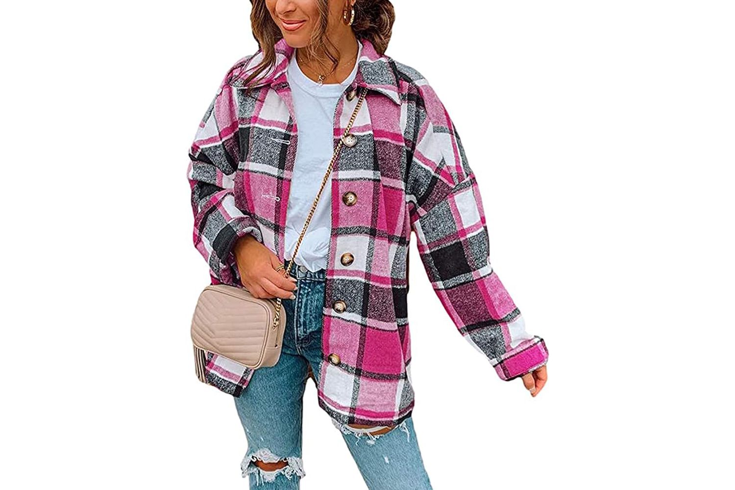 Yeokou Women's Fall Color Block Plaid Flannel Shacket Jacket