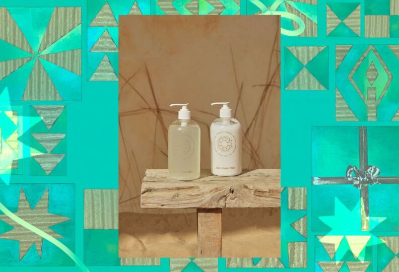 Two pump bottles of lotion and body wash sit atop a wooden bench in a bathroom setting. The bottles are accented with a mandala in a gold-colored design. The image is set against a decorative green background accented with stars, gift boxes and strands of ribbon.