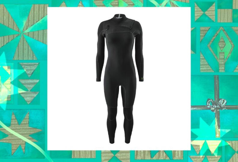 A photograph of a black, fulll-body wetsuit. The image is set against a decorative green background accented with stars, gift boxes and strands of ribbon.