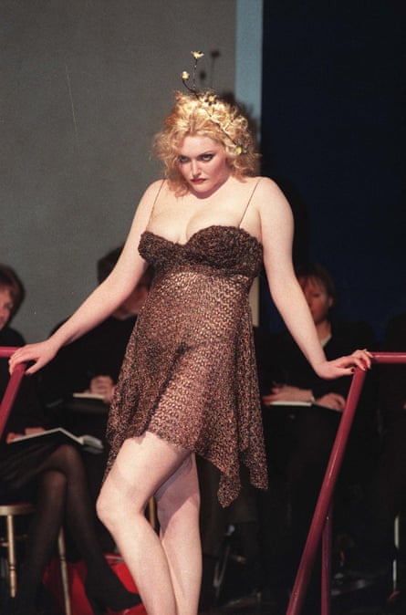 Sophie Dahl in sheer brown dress, modelling at London Fashion Week, Feb 1997