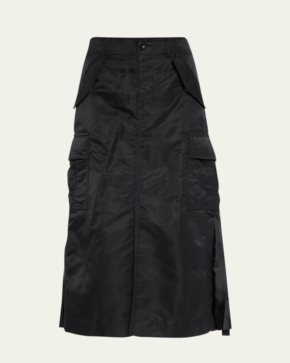 Nylon-Twill Pleated Cargo Midi Skirt