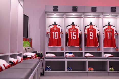 The shirts of Kim Little, Katie McCabe, Beth Mead and Vivianne Miedema are displayed inside the Arsenal dressing room