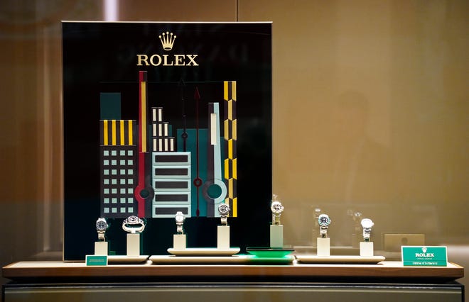 Rolex watches in a window display in the Watches of Switzerland store in Kenwood Towne Centre, Wednesday, Oct. 26, 2023. They opened next to Nordstrom in March 2022.