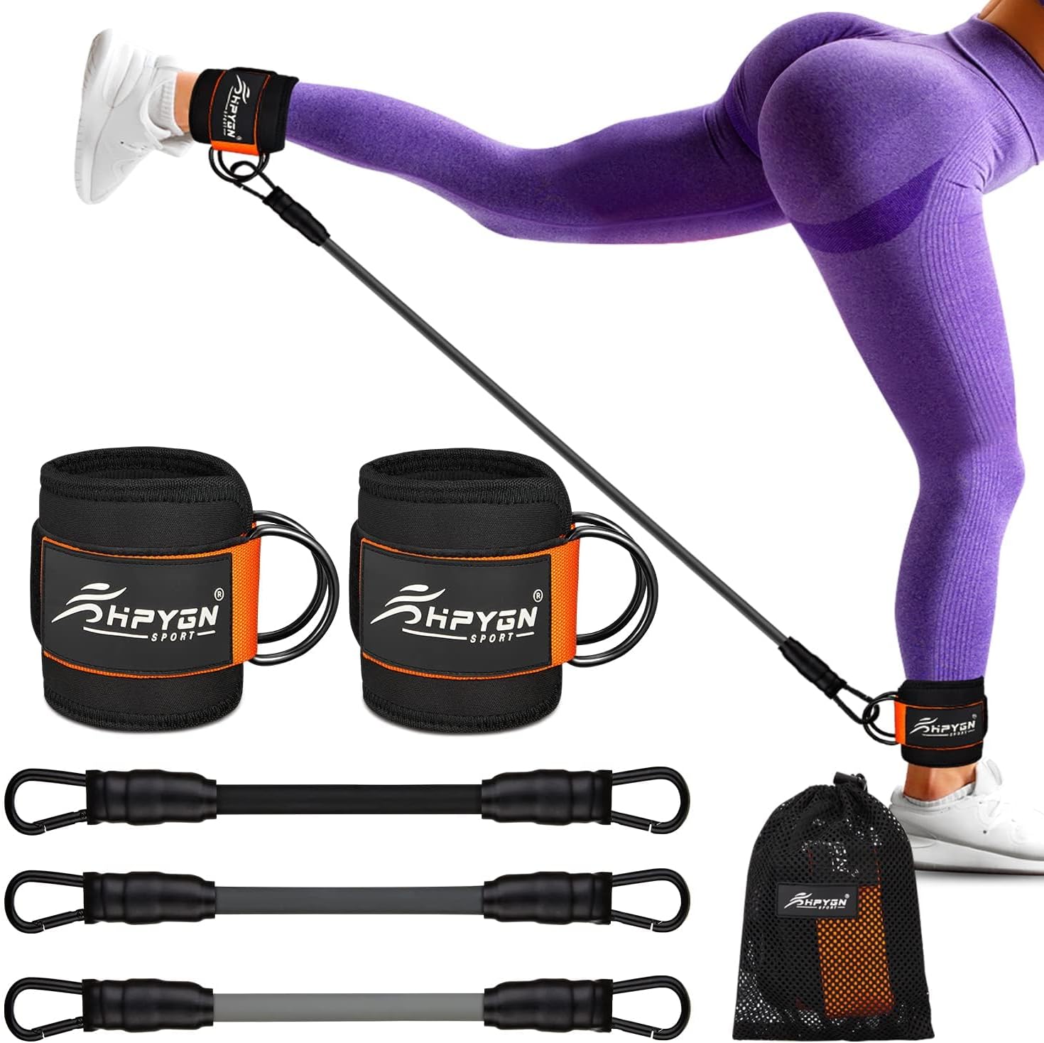 HPYGN Ankle Resistance Bands with Cuffs and Exercise Bands (Orange)