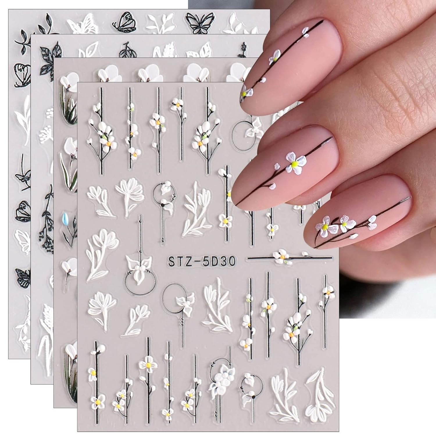 JMEOWIO Flower Nail Stickers 4 Sheets