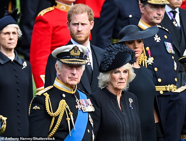 Prince Harry and Meghan with King Charles and Queen Camilla at the Queen's funeral last year. Harry had reportedly not spoken to his father for a long time