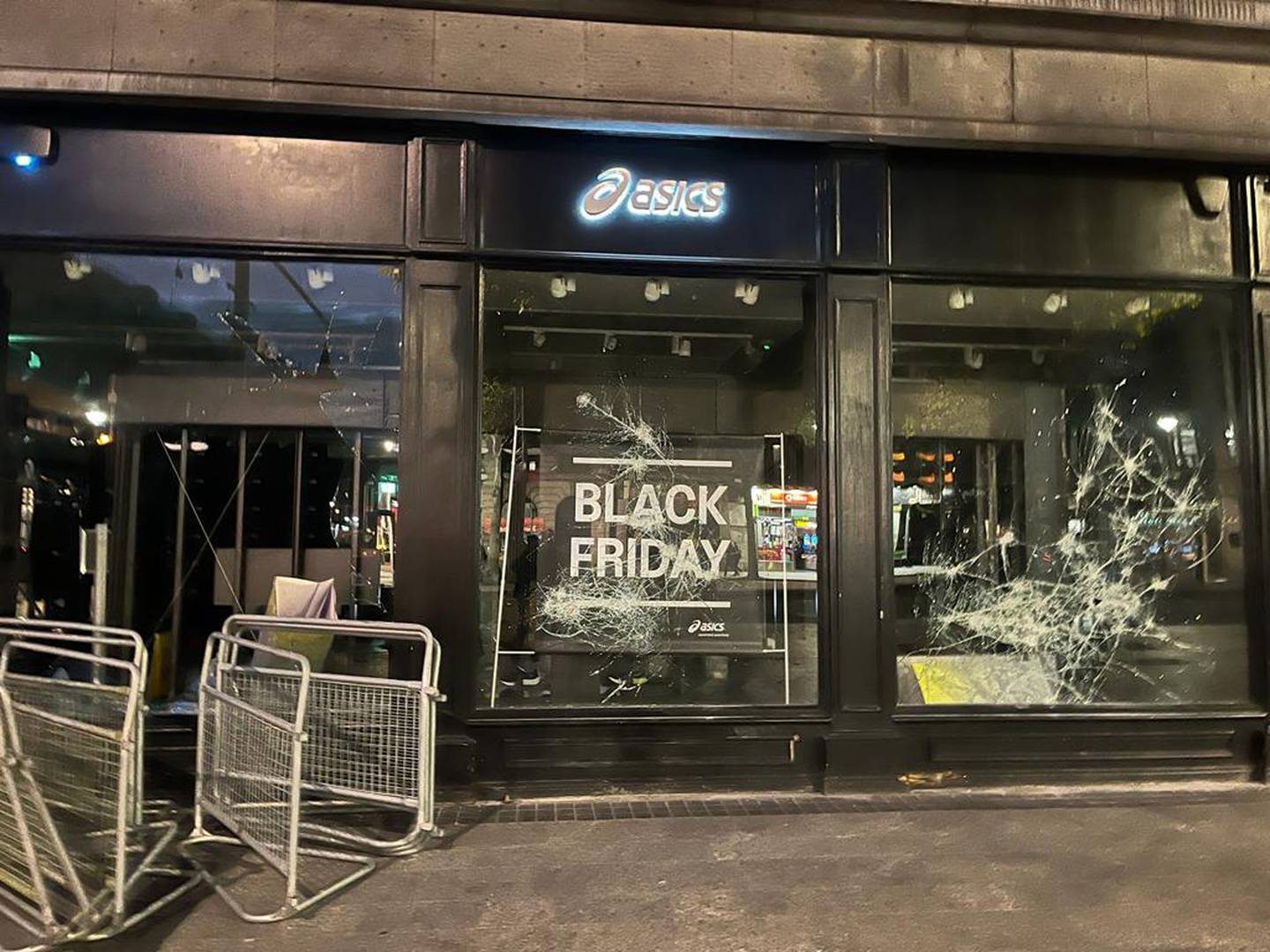 Burned out vehicles and a Luas in Dublin city centre on Friday morning after rioting in the capital on Thursday night. Photograph: Conor Pope