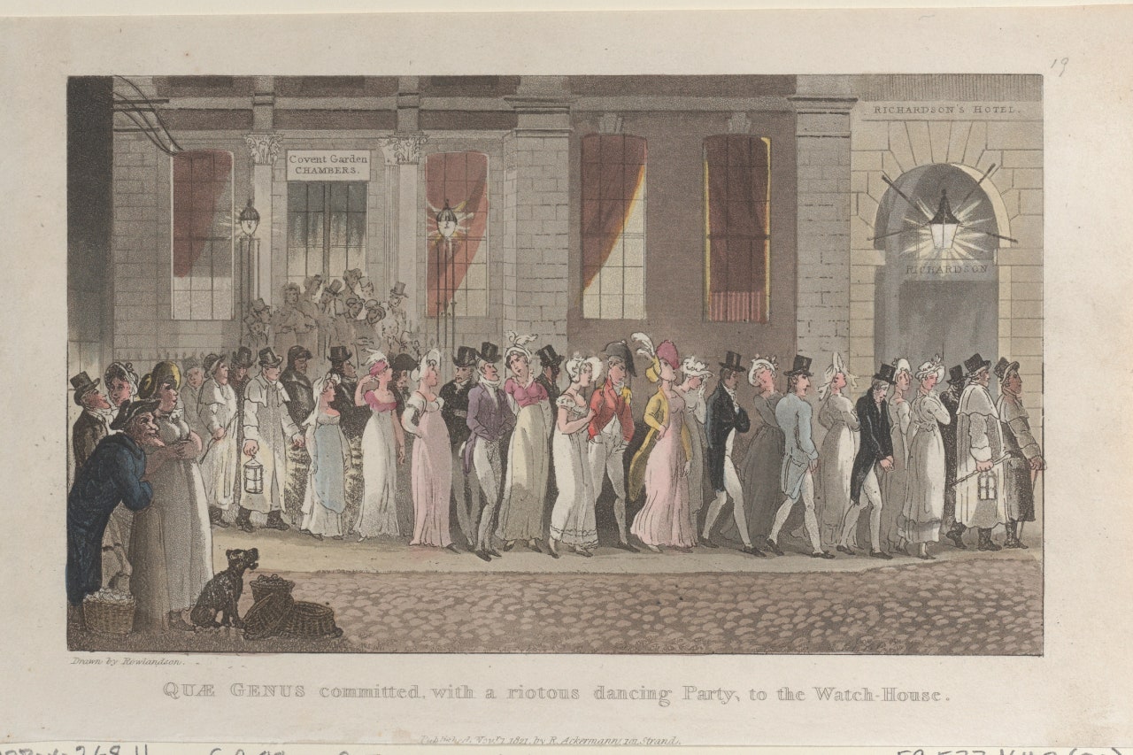 Artist Thomas Rowlandson depicts a high society party with gents donning their opera pumps 1821