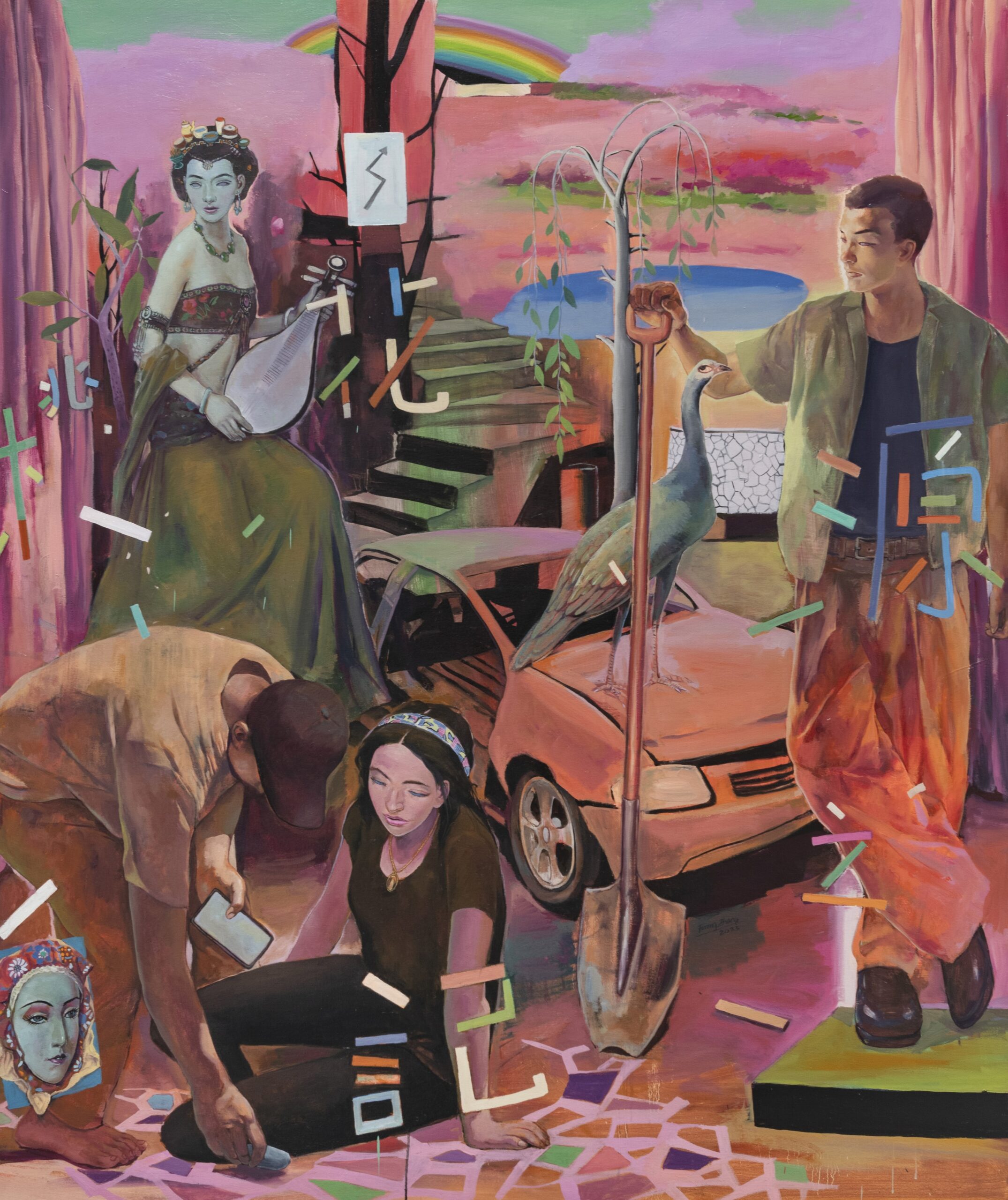 A painting with figures done in primarily pink tones