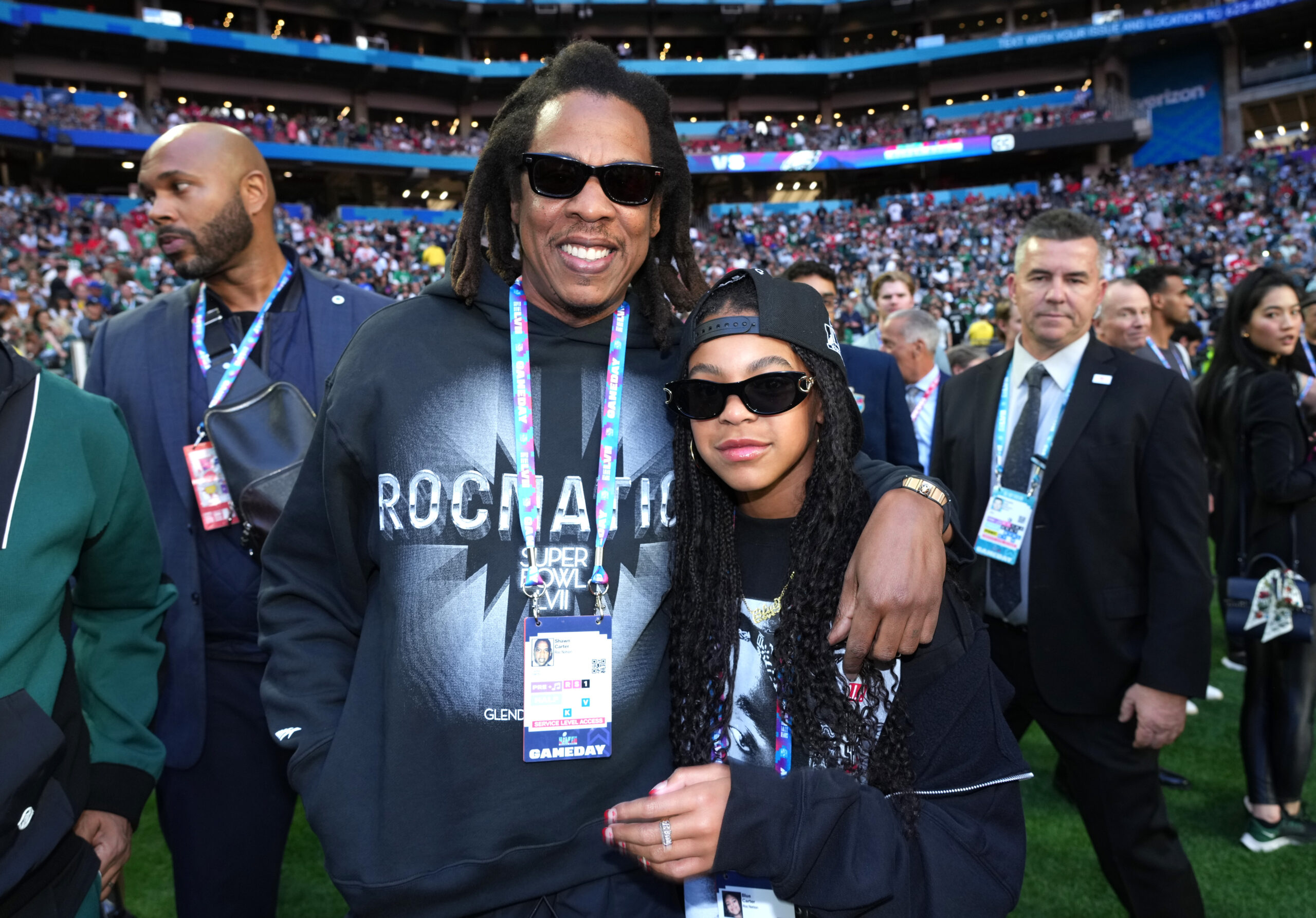 Jay-Z and Blue Ivy Carter attend Super Bowl LVII at State Farm Stadium on February 12, 2023 in Glendale, Arizona.