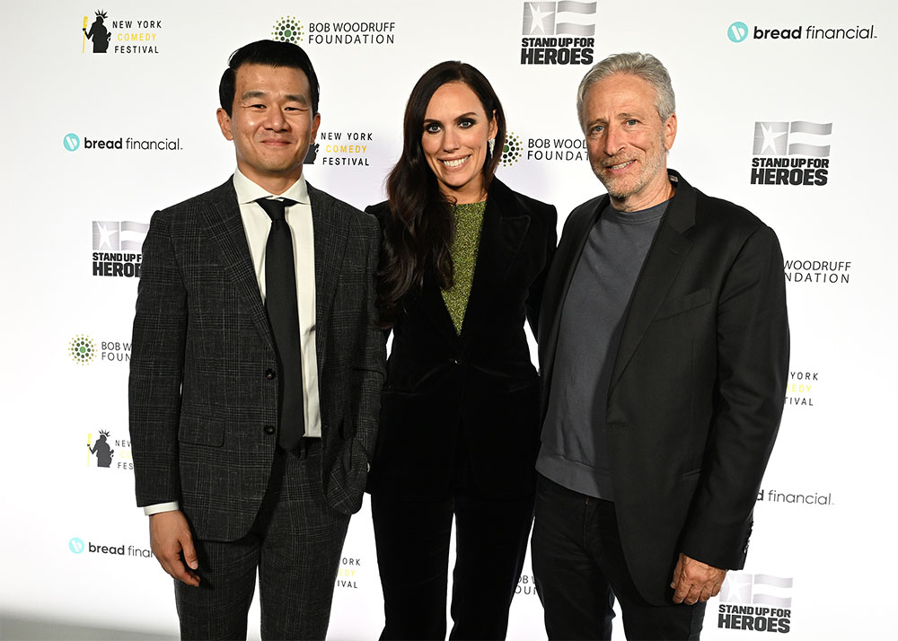 Ronny Chieng, Anne Marie Dougherty, and Jon Stewart attends the 17th Annual Stand Up For Heroes Benefit presented by Bob Woodruff Foundation and NY Comedy Festival at David Geffen Hall on November 06, 2023 in New York City.