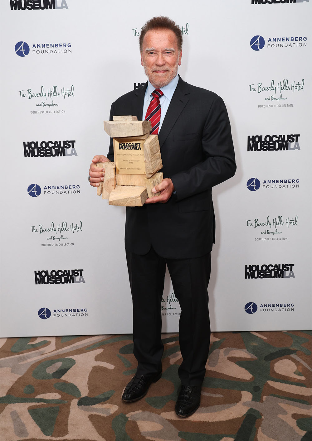 Arnold Schwarzenegger honored with first Award of Courage during the Holocaust Museum LA gala at The Beverly Hills Hotel on November 06, 2023 in Beverly Hills, California.