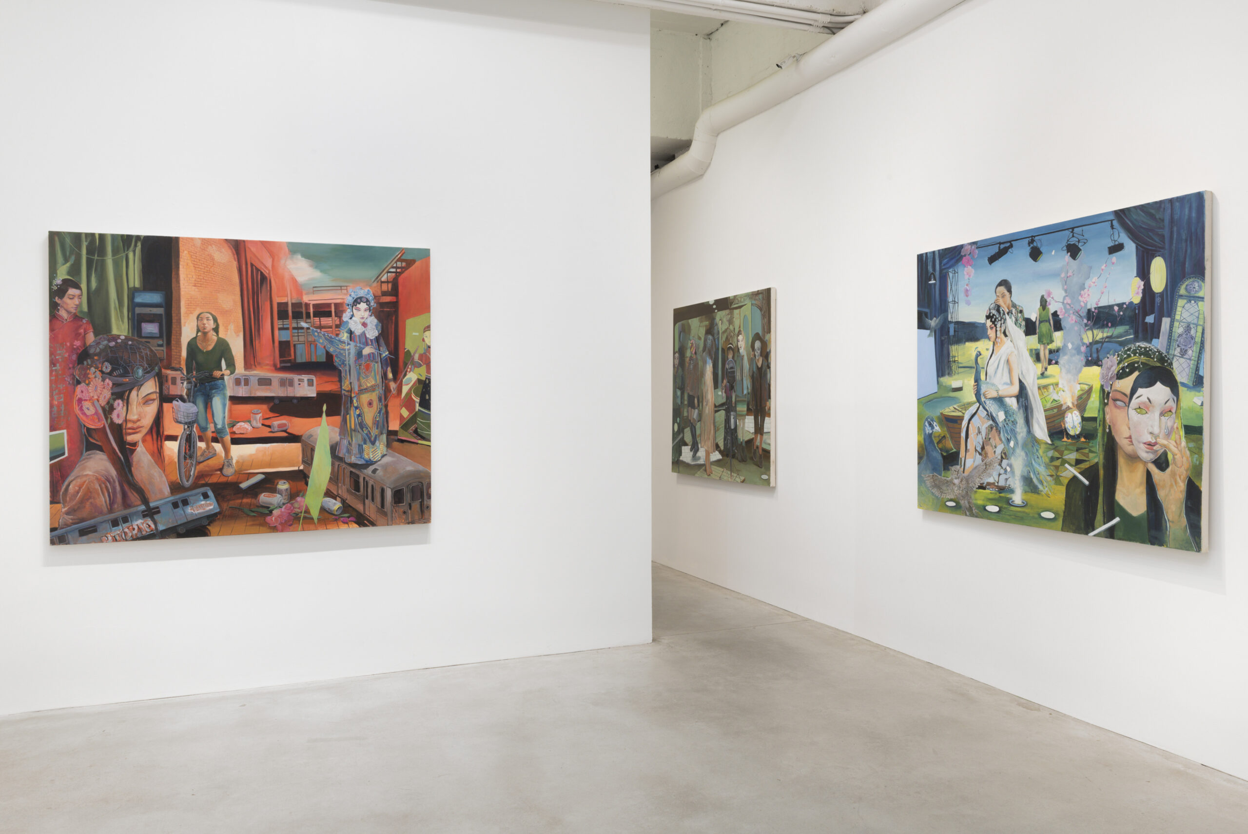 A view of a bright art gallery with colorful paintings