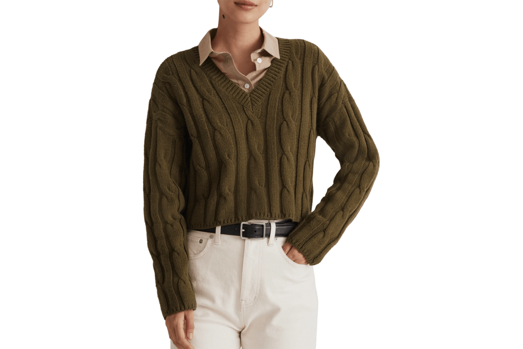 Madewell Cable Knit V-Neck Crop Sweater