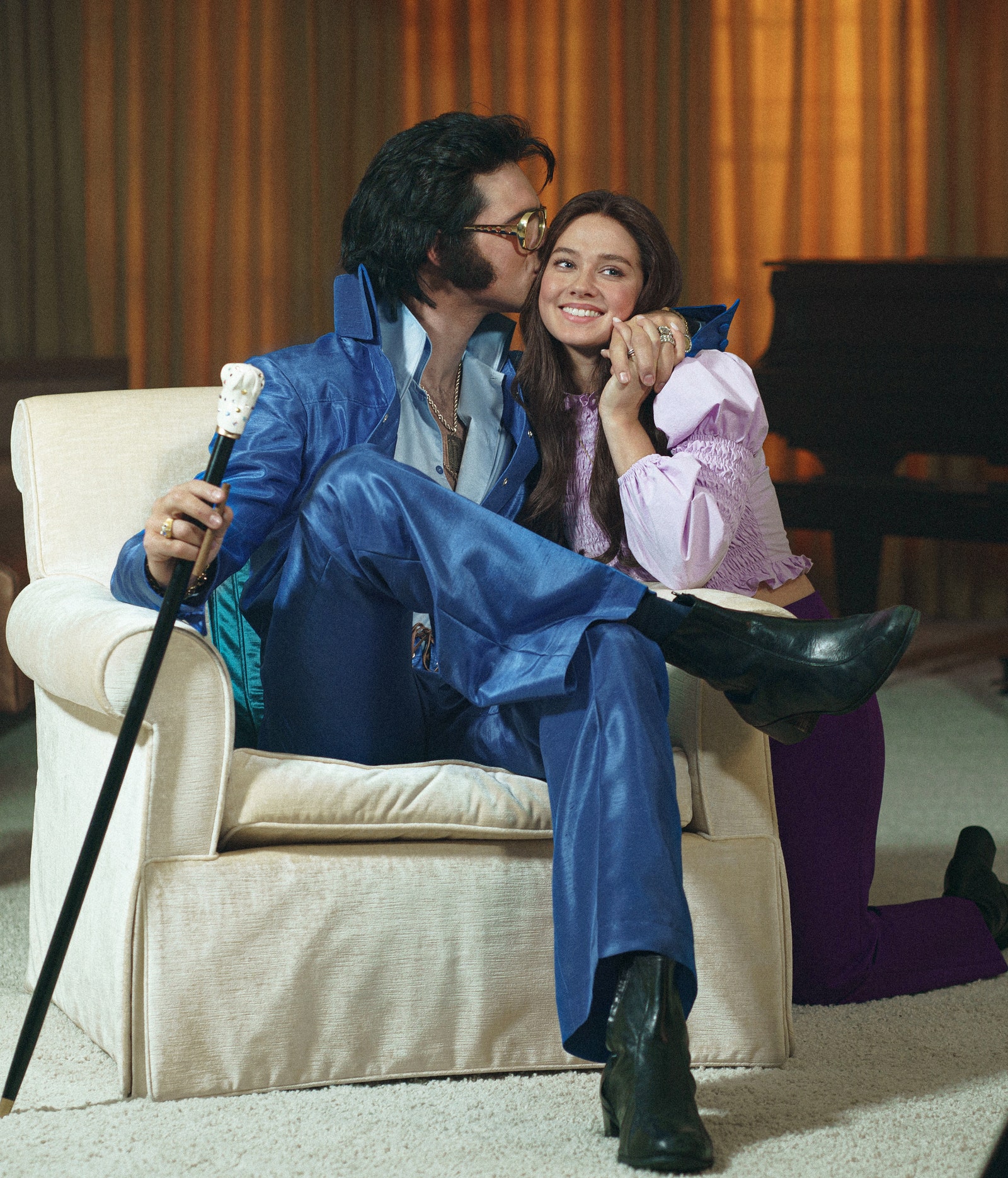 jacob elordi as elvis presley and cailee spaeny as priscilla pose for a portrait