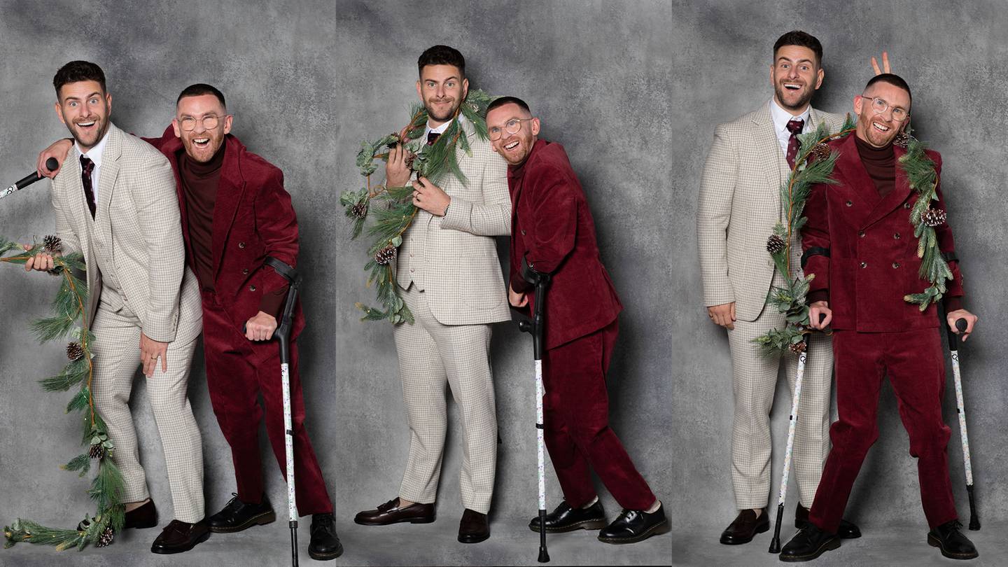 Paddy Smyth (right) wears blazer, Moss, €189; trousers, Moss, €110; turtleneck jumper, Moss, €80; Dr Martin shoes, €179. Eric Roberts (left) wears jacket, Moss, €209; waistcoat, Moss €120; trousers, Moss, €120; shirt, Moss; €55; tie, Moss, €40; and shoes, Aldo, €99.32. Photographs: Emily Quinn