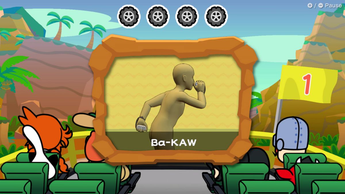 A menu screen showing the Ba-KAW pose from WarioWare: Move It!