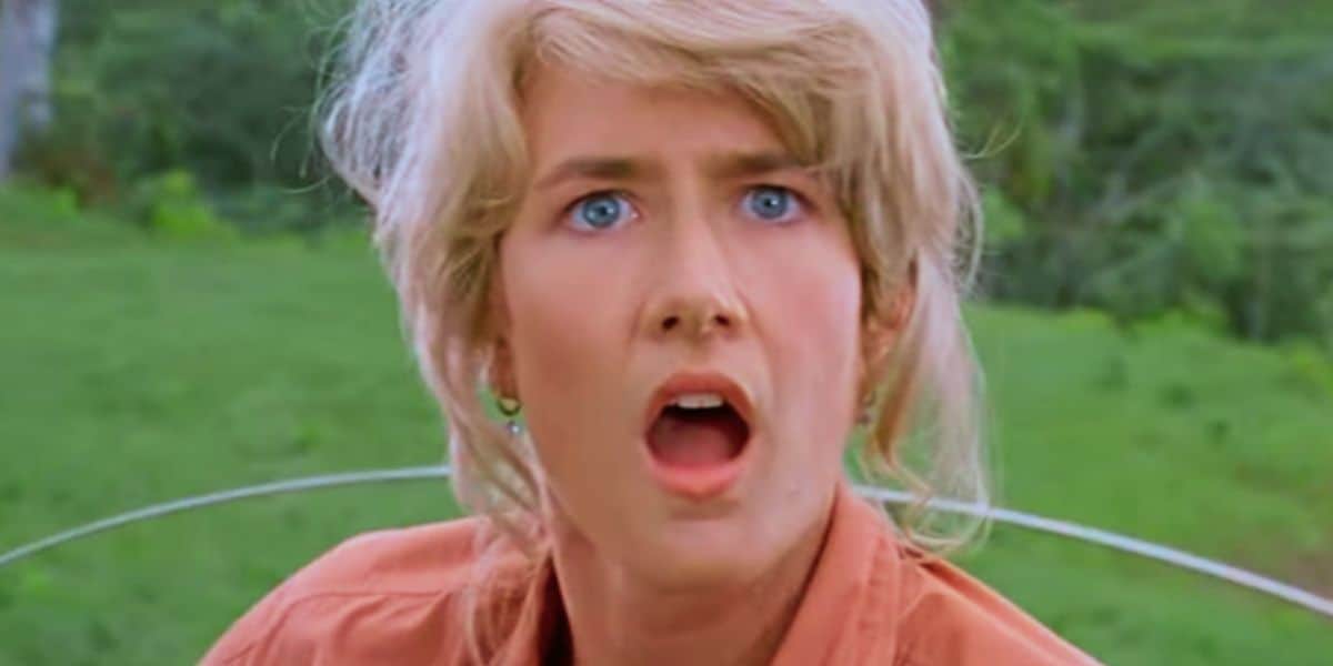 Laura Dern as Ellie Sattler looking at the Brachiosaur in 'Jurassic Park'