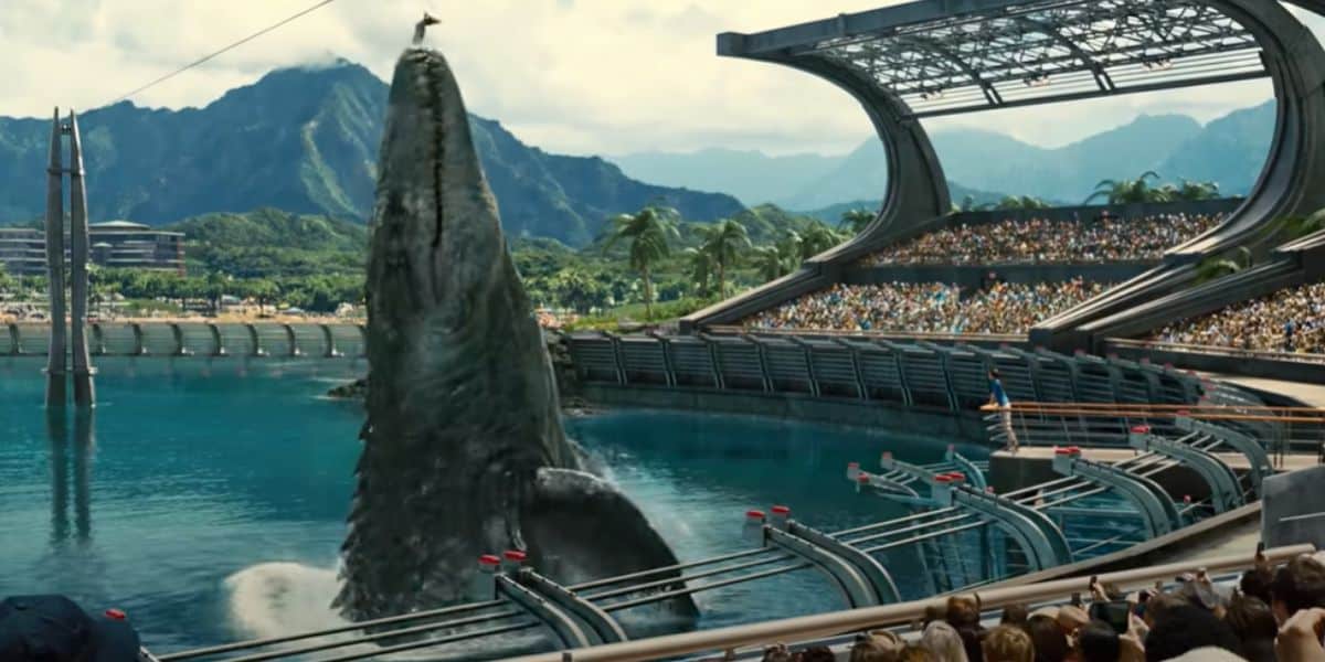 The Mosasaur eating a Great White Shark in 'Jurassic World'