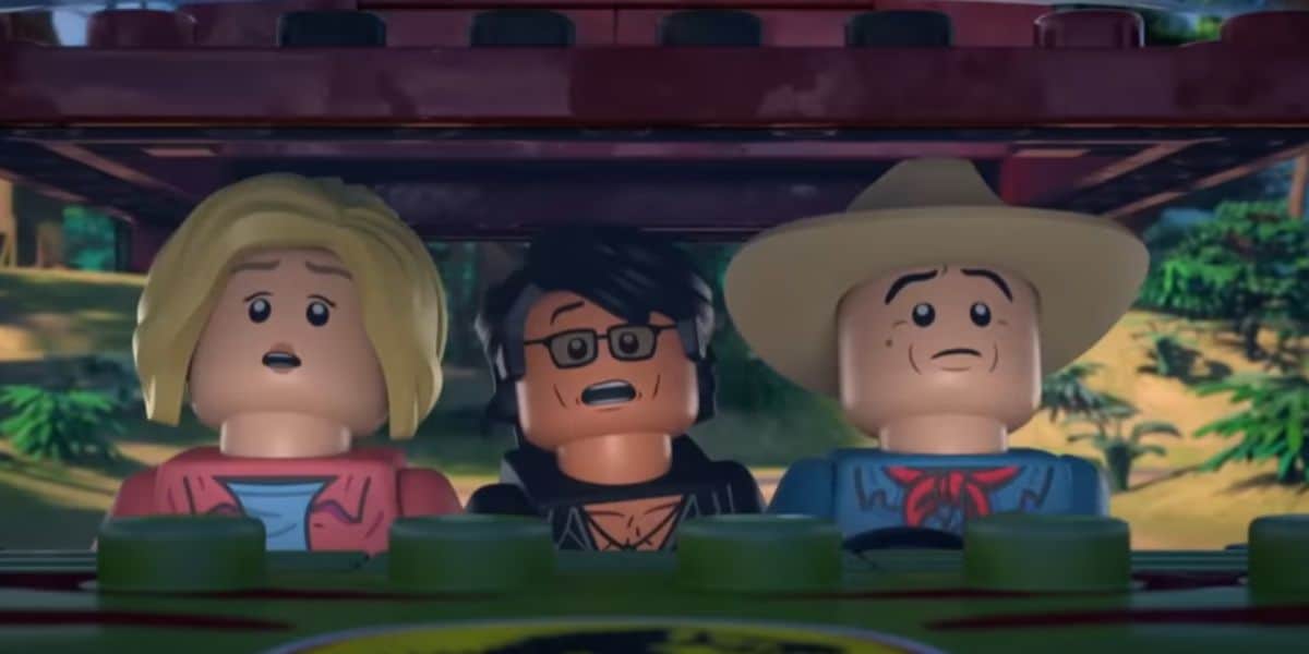 (L to R) Jewel Staite, Bradley Duffey, and Adrian Hough replacing Laura Dern, Jeff Goldblum, and Sam Neill as Ellie Sattler, Ian Malcolm, and Alan Grant, respectively, in 'LEGO Jurassic Park: The Unofficial Retelling'