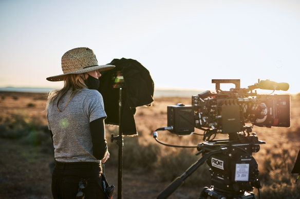 Kitty Green on the set of The Royal Hotel, which was filmed at a disused bar in Yantina in South Australia.