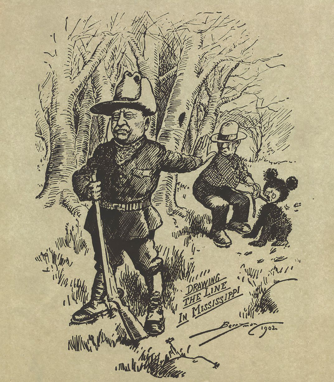 a sepia toned illustration of hunter next to a bear tied to a tree