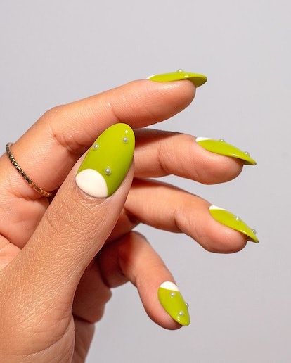 Green matcha nails with pearls.