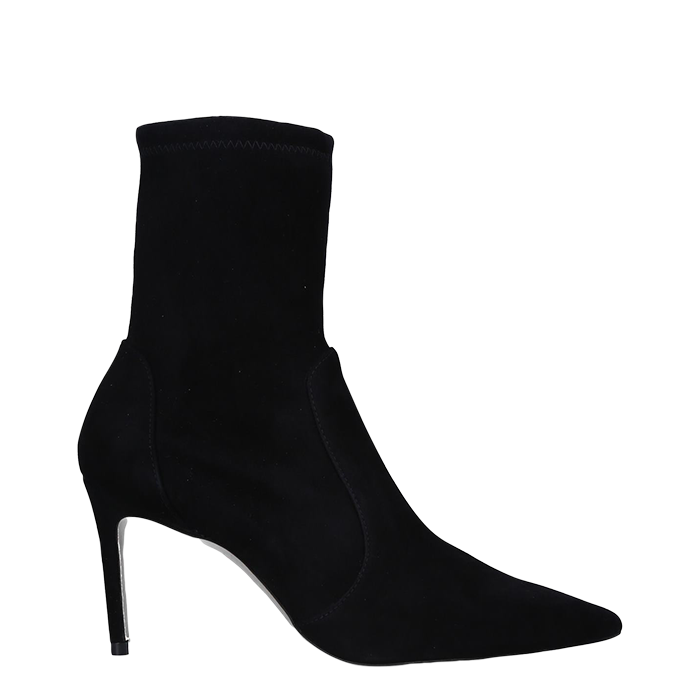 A black ankle boot with a stiletto heel