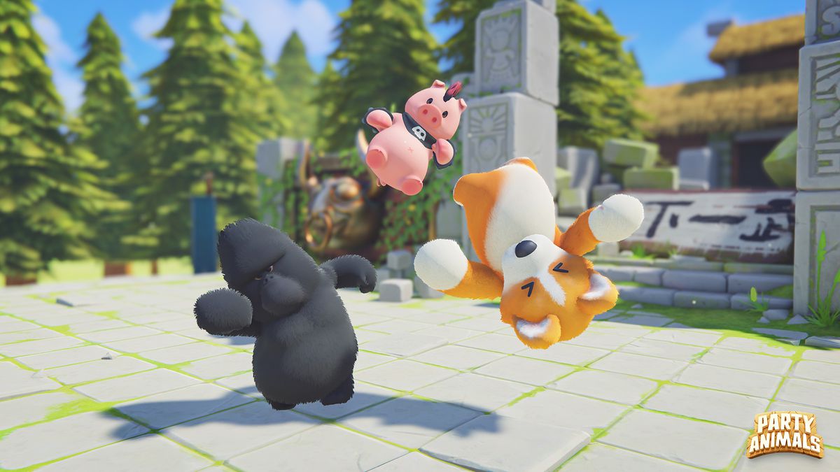 A gorilla, pig, and corgi fling through the air in Party Animals