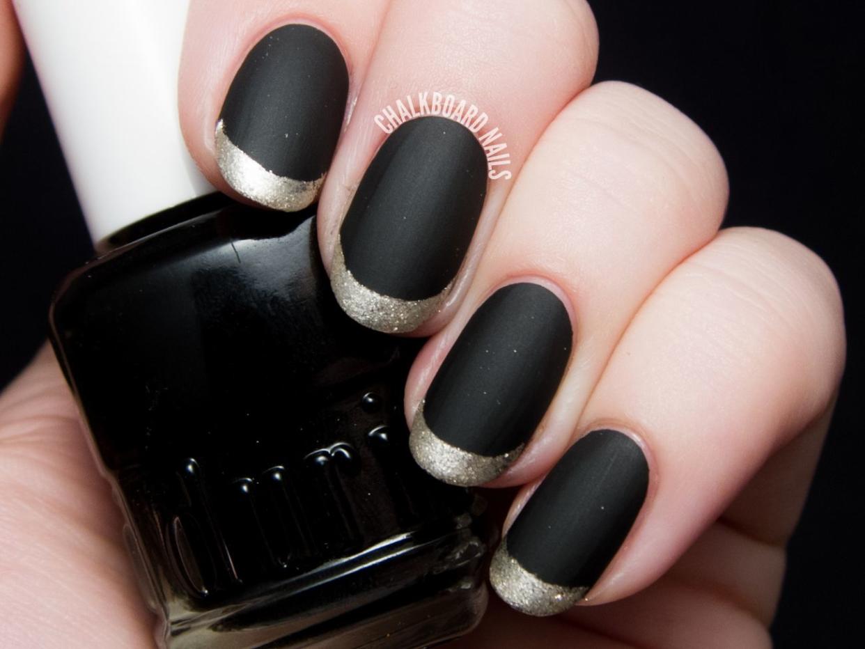 new years eve nail designs matte black gold french tips