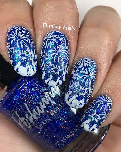 new years eve nail designs blue and white fireworks stamping