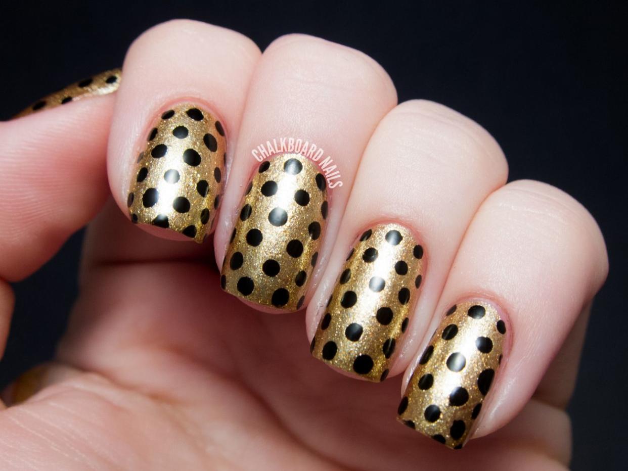 new years eve nail designs black and gold polka dots