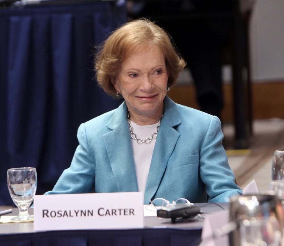 FILE - Former First Lady Rosalynn Carter listens to a speaker at The Carter Center in Atlanta...