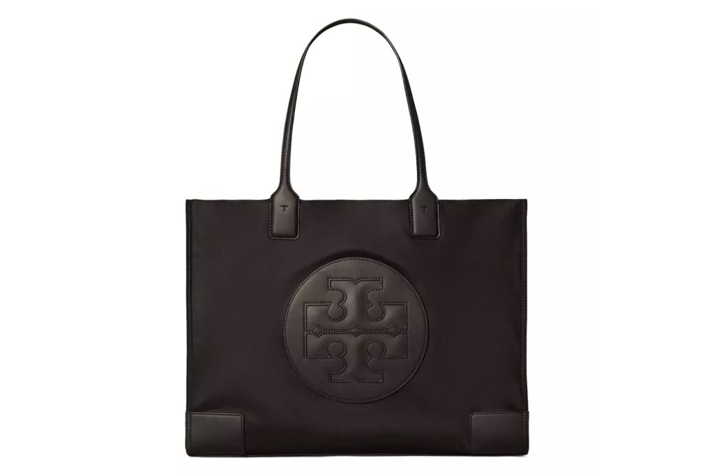 Black Tory Burch tote with logo in front.