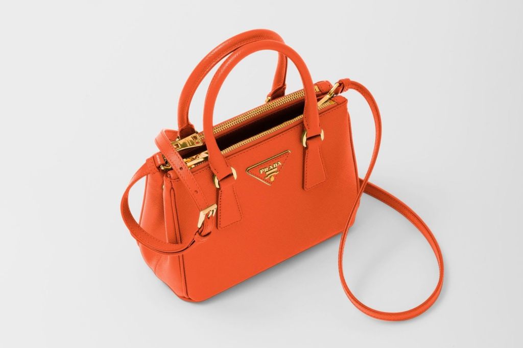 Orange women's bag with strap and gold zippers.