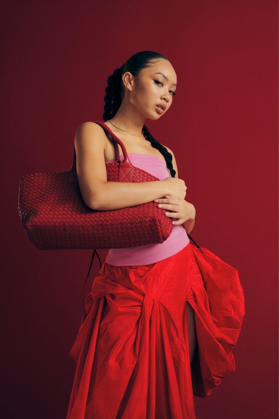 a woman in a red dress