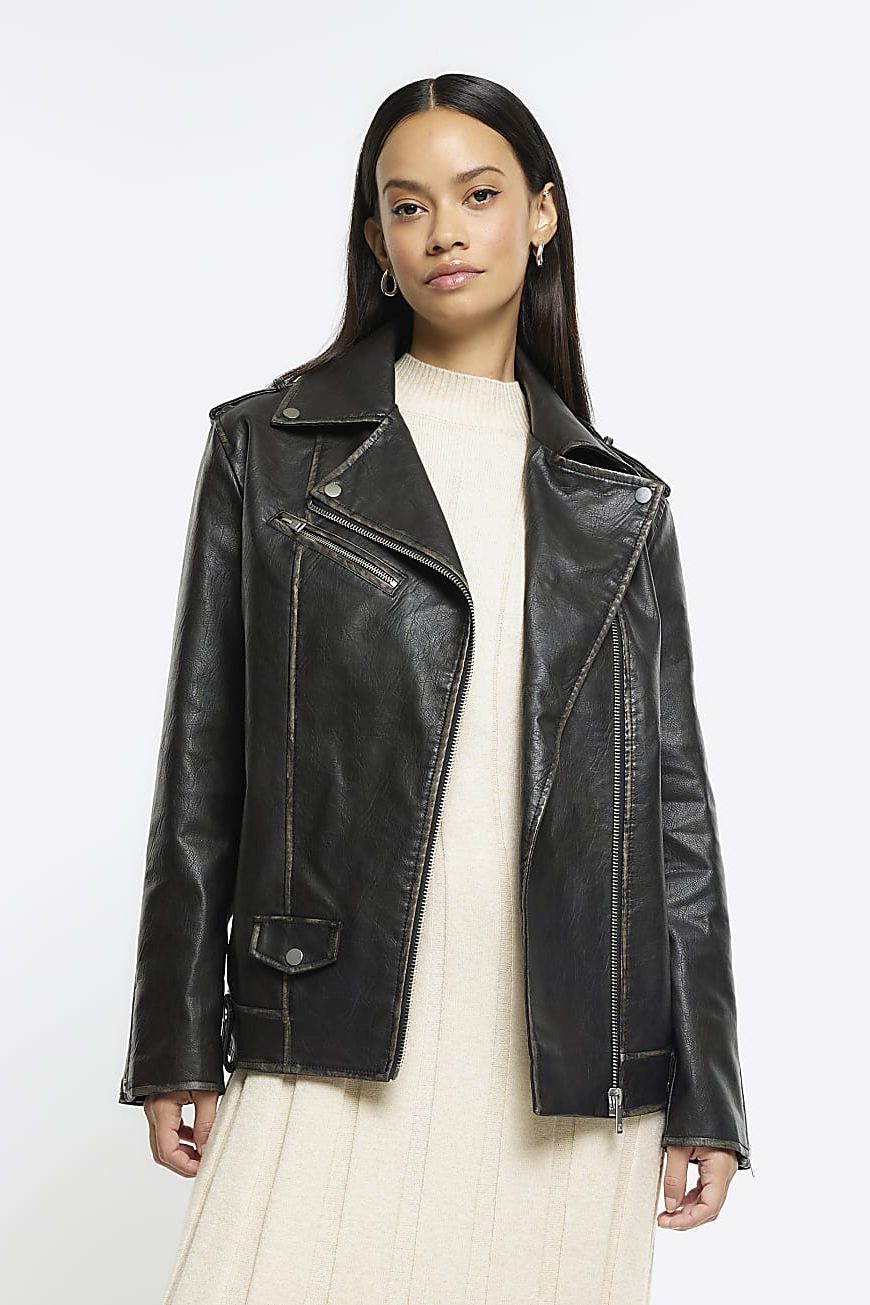 Black faux leather oversized biker jacket