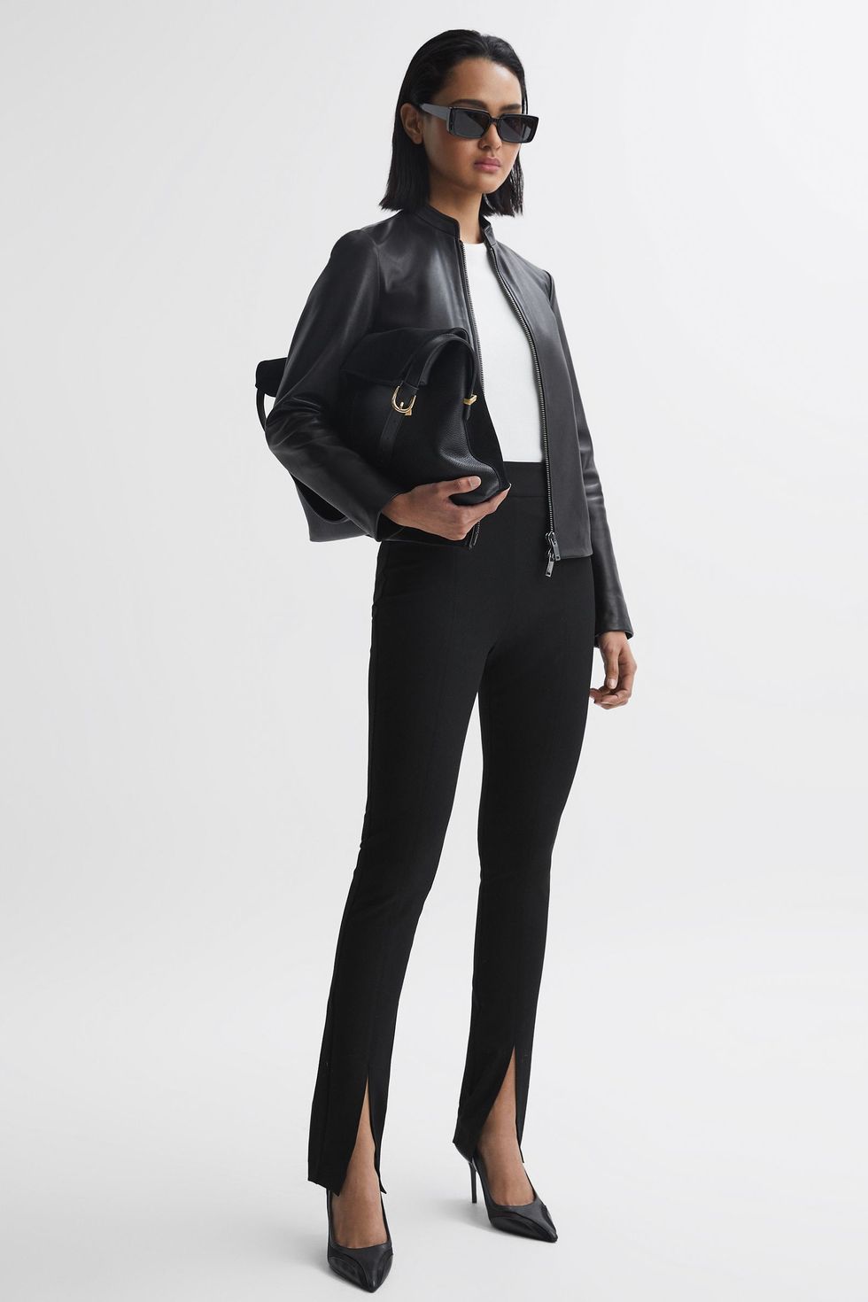 Allie Leather Collarless Biker Jacket