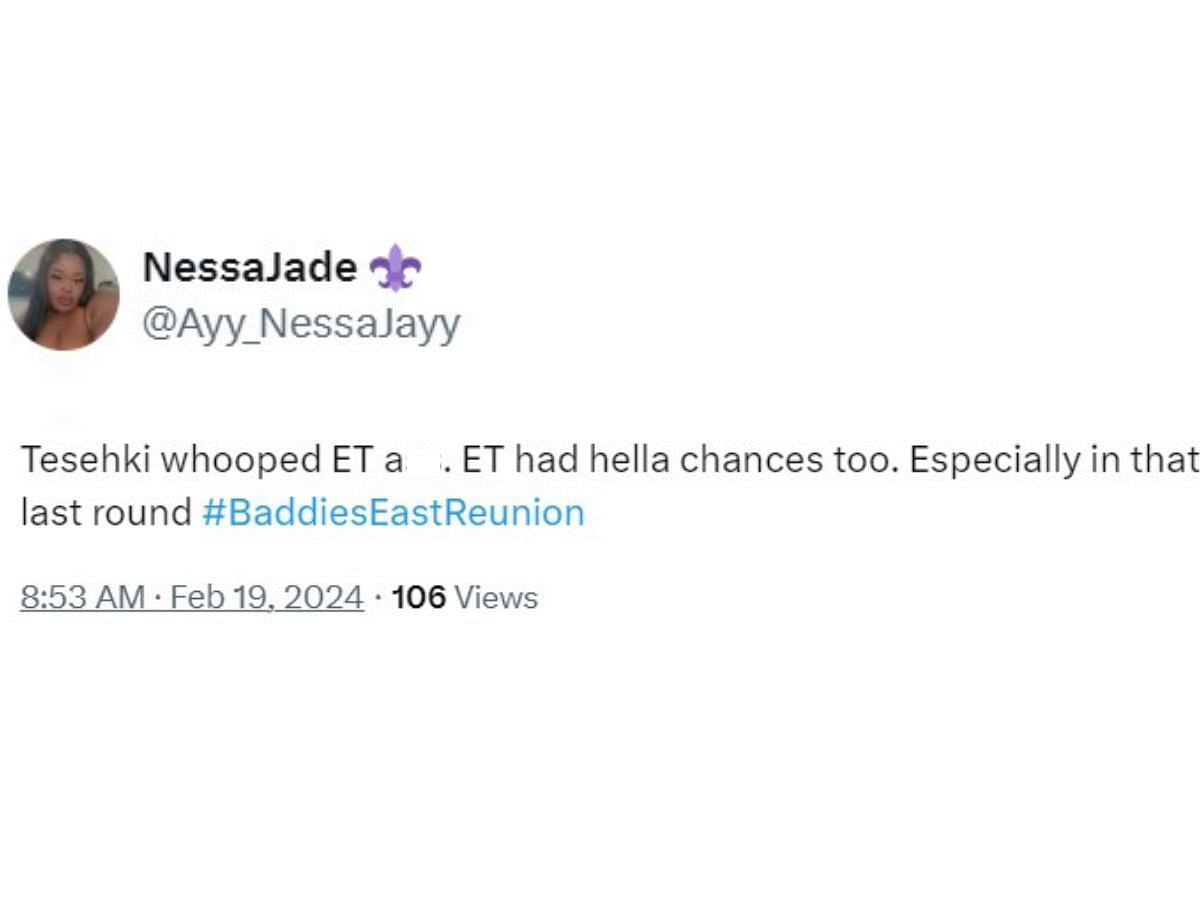 Fans reaction to Tesehki vs ET on Baddies East Reunion (Image via X/@Ayy_NessaJayy)