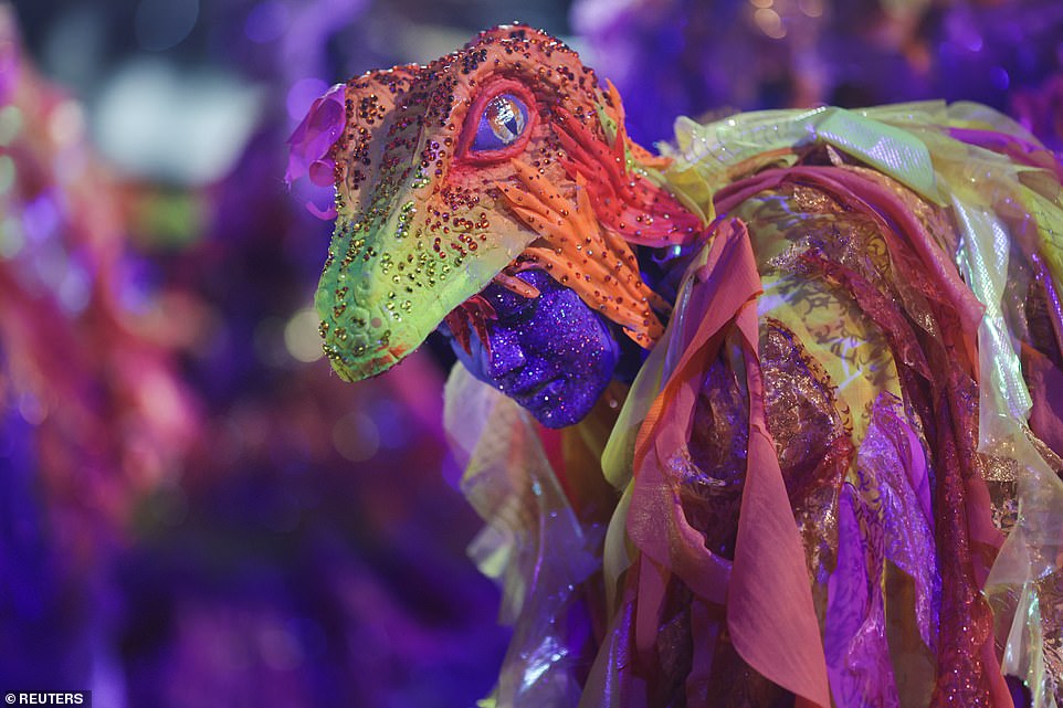 A reveller from Imperatriz Leopoldinense samba school, dressed as a lizard, performs during the carnival on Monday