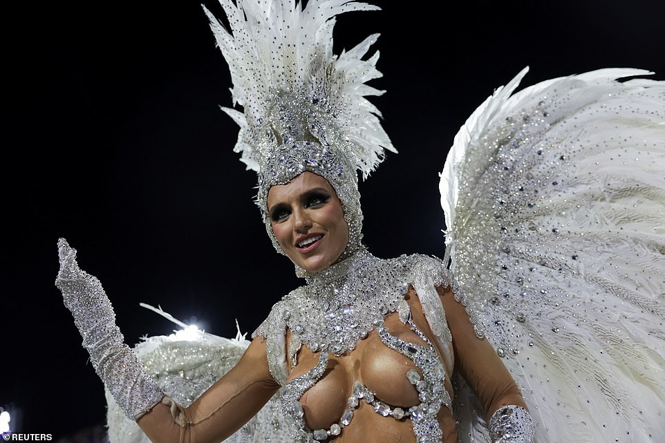 A reveller from Imperatriz Leopoldinense samba school, dressed in a revealing sequined angelic costume performs during the night of the Carnival parade at the Sambadrome, in Rio de Janeiro, February 12