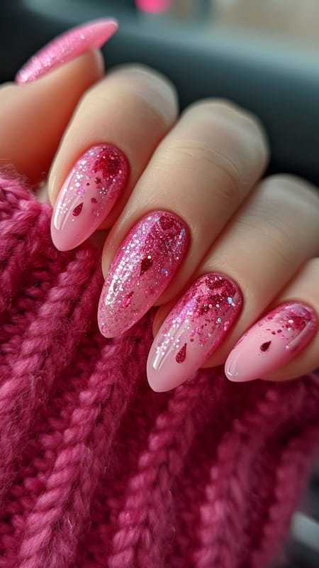 Glittery Affection: A sparkling display of affection with glitter-infused pink nails that transition into a dazzling tip, perfect for catching the light and attention.